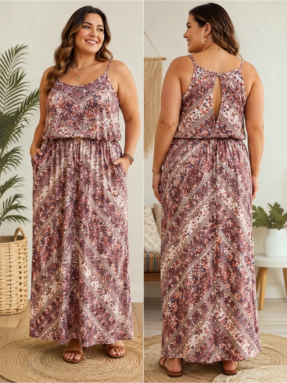 Maurices Maxi Dress 2X Floral Sleeveless Keyhole Back Lined Boho Stretch